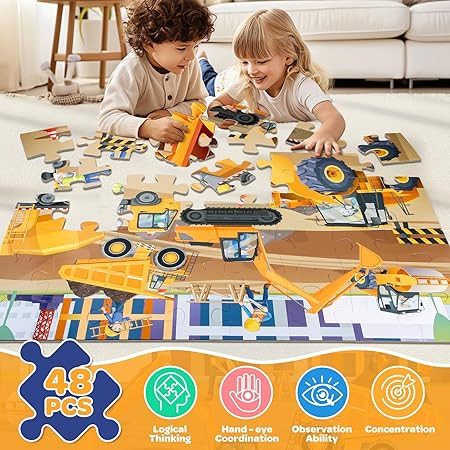 Jumbo Floor Puzzle for Kids, 48 Piece Large Construction Vehicle Jigsaw Puzzles for 3 4 5, Toddler Learning Preschool Educational Toys for 4-8, Birthday for Boys Girls