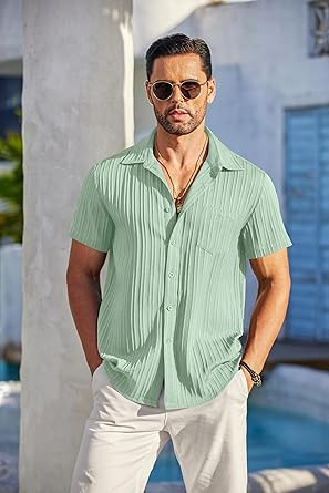 COOFANDY Men's Casual Button Down Shirts Short Sleeve Textured Summer Beach Shirt with Pocket