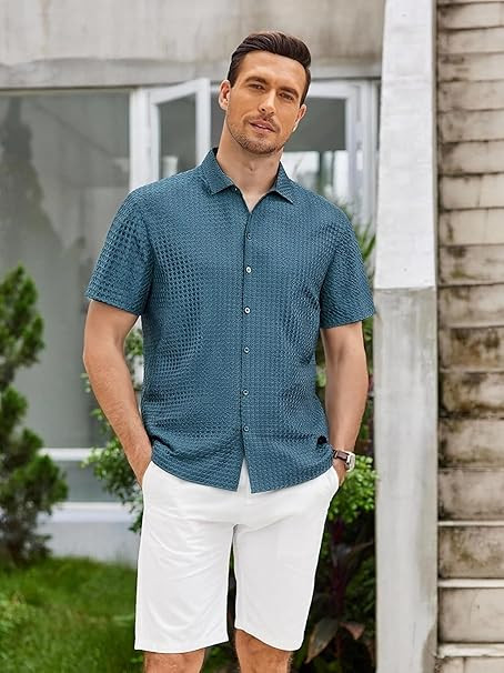 Alex Vando Mens Bubble Jacquard Button Down Shirt Super Stretch Short Sleeve Breeze Shirts for Men