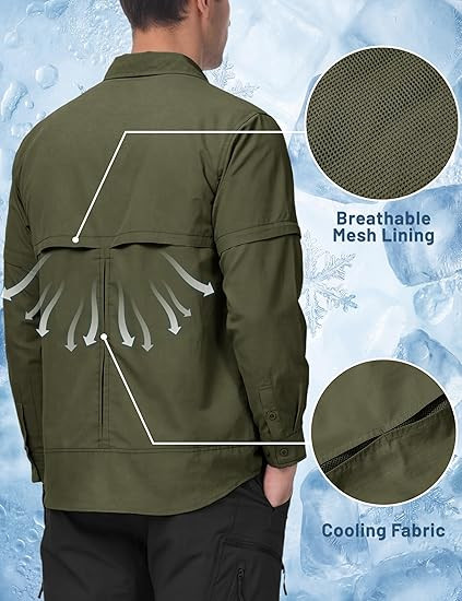 TACVASEN Men's Convertible Long Sleeve Fishing Shirts Lightweight Quick Dry Button Up Tactical Sun Shirts for Safari Hiking
