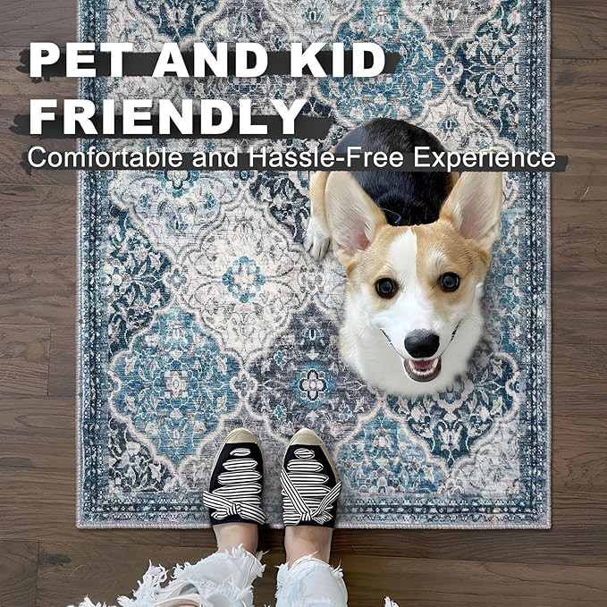 Way Fair 2x3 Area Rug, Moroccan Super Soft Entryway Rugs Indoor Vintage Washable Rug Non-Slip Indoor Door Mat, Accent Print Faux Wool Throw Rug for Laundry Kitchen Bedroom Entrance, Blue/Multi