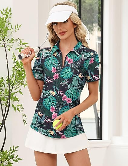 LOMON Women’s Short Sleeve Athletic Polo Shirt High Performance Stretch Quarter Zip Top for Golf Tennis
