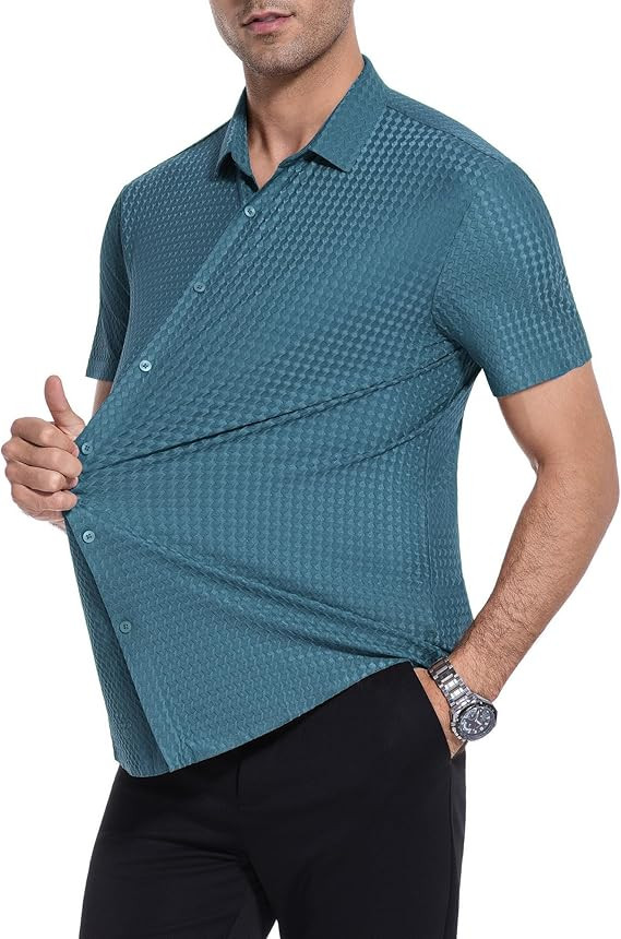 Alex Vando Mens Bubble Jacquard Button Down Shirt Super Stretch Short Sleeve Breeze Shirts for Men