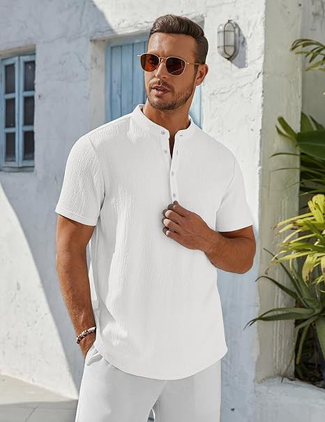 COOFANDY Men's Henley Shirt Short Sleeve Stand Collar Summer Casual Beach Hippie T-Shirts