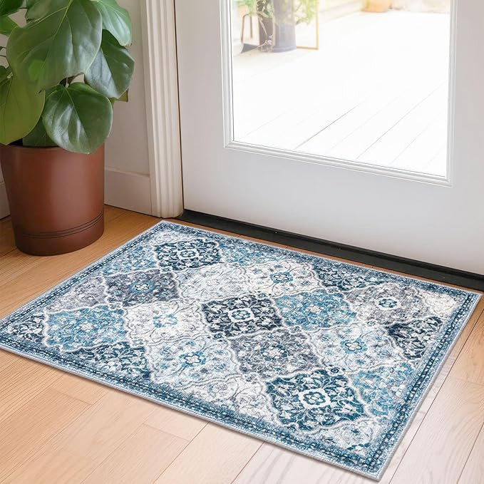 Way Fair 2x3 Area Rug, Moroccan Super Soft Entryway Rugs Indoor Vintage Washable Rug Non-Slip Indoor Door Mat, Accent Print Faux Wool Throw Rug for Laundry Kitchen Bedroom Entrance, Blue/Multi