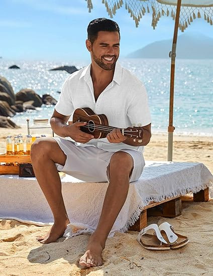 COOFANDY Men's Casual Button Down Shirts Short Sleeve Textured Summer Beach Shirt
