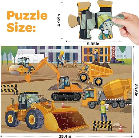 Jumbo Floor Puzzle for Kids, 48 Piece Large Construction Vehicle Jigsaw Puzzles for 3 4 5, Toddler Learning Preschool Educational Toys for 4-8, Birthday for Boys Girls