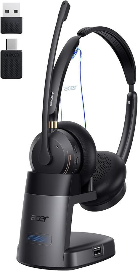 acer Wireless Headset with Mic for Work,Bluetooth Headset for Clear Call ＆ Meeting, Work Headset with Charge Stand for Remote & Office, Bluetooth 5.3 & 2.4G Headset for PC, Phone, Teams, Zoom - OHR689