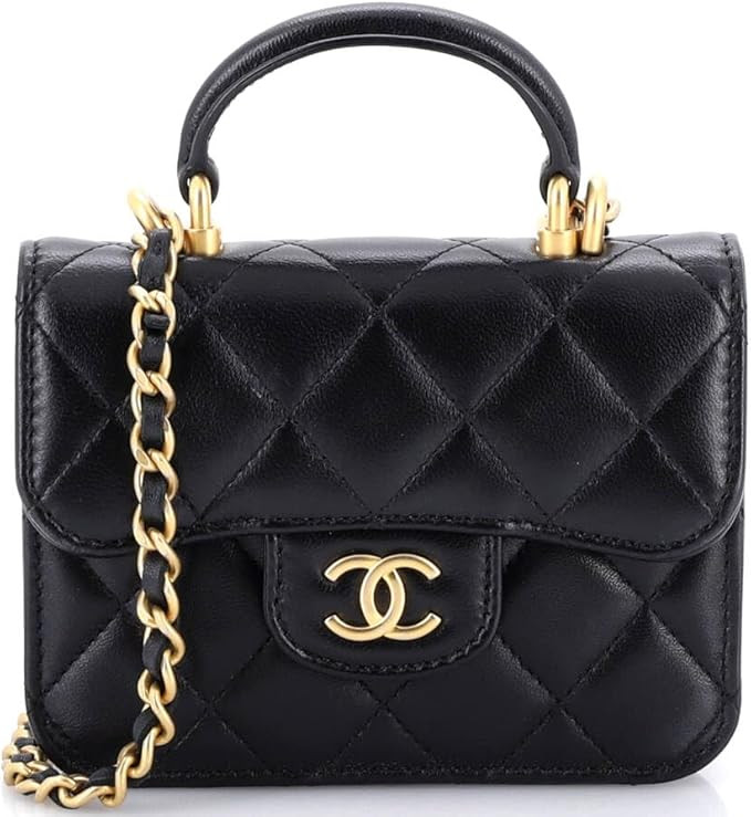 Pre-Loved Top Handle Flap Coin Purse with Chain Quilted Lambskin, Black