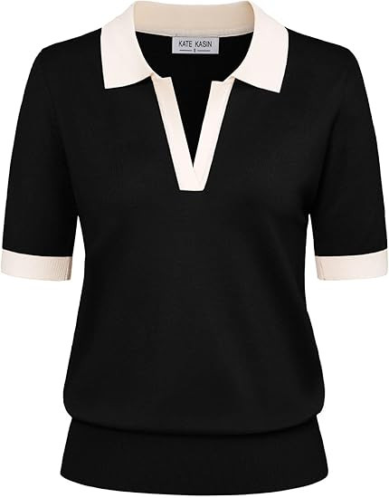 Kate Kasin Women Short Sleeve Polo Sweater V Neck Knitted Tops Casual Ribbed Shirt Loose Pullover Sweater