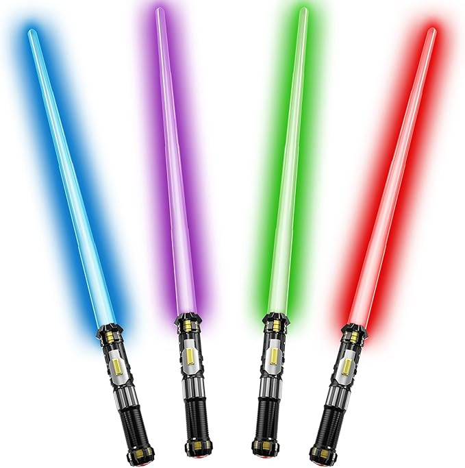 Cawiew 4 Pack Light up Sword Saber with FX Sound (on-Off Control) and Full Retractable Handle, 4 Colors LED Glow in The Dark Toy for Kids Adult