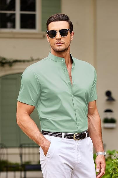 COOFANDY Muscle Fit Dress Shirts for Men Banded Collar Casual Button Down Shirts