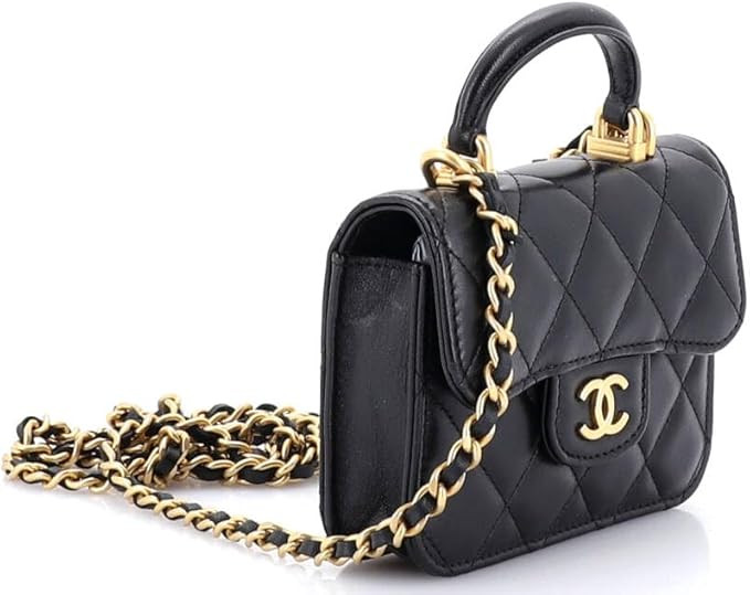 Pre-Loved Top Handle Flap Coin Purse with Chain Quilted Lambskin, Black