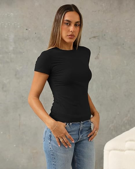 Abardsion Women's Casual Basic Going Out Crop Tops Slim Fit Short Sleeve Crew Neck Tight T Shirts 2026