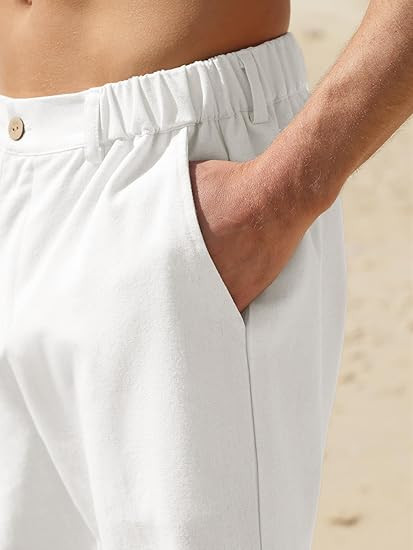 JEMLDL Men's Shorts Casual 7" Cotton Linen Button Elastic Waist Summer Beach Golf Shorts with Multi-Pocket