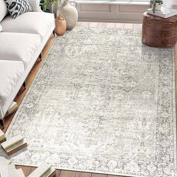 Way Fair  Machine Washable Area Rug - Living Room Bedroom Bathroom Kitchen Entryway Office - Padded Low Pile Stain Resistant Premium - Boho Farmhouse Vintage - Lyle - Beige Ivory 7'6" x 9'6"