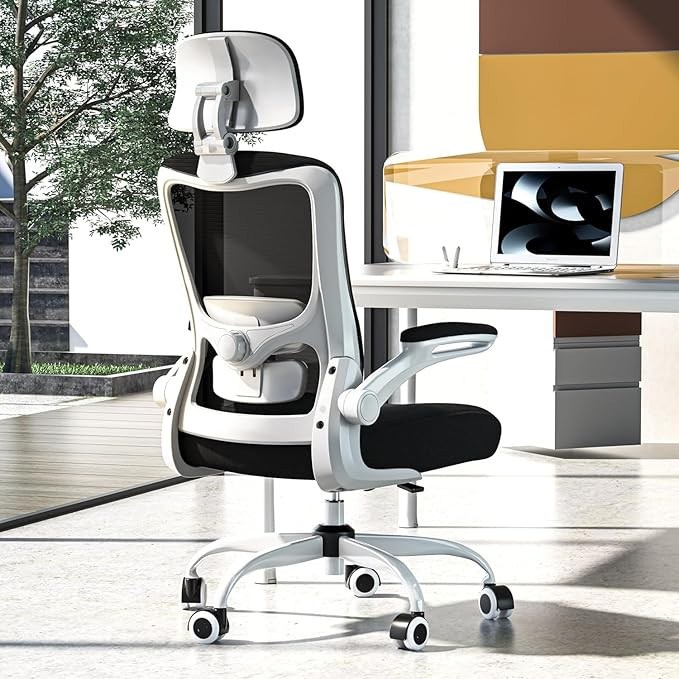 Ergonomic Office Chair, High Back Mesh Office Chair with Adjustable Lumbar Support, Flip-Up Armrests, Swivel Computer Desk Chair for Home Office