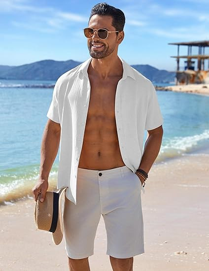 COOFANDY Men's Casual Button Down Shirts Short Sleeve Textured Summer Beach Shirt